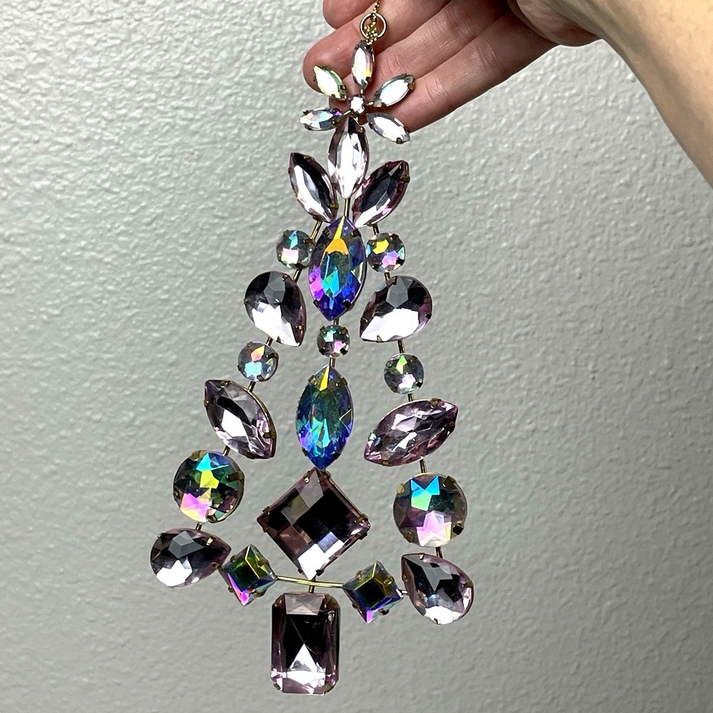 Large 8" Jeweled Christmas Tree Ornament Pink AB Rhinestones Gold Tone